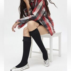 NWT Urban Outfitters Lace Ruffle Black Ribbed Knee High Sock